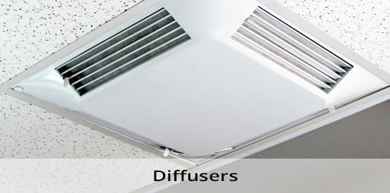 Ceiling air diffusers in a ventilation system.