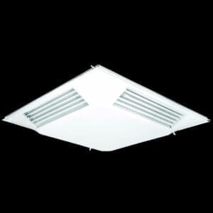 White ceiling air vent with adjustable slats on black background.