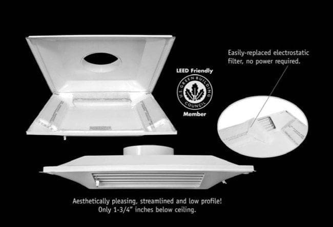 The Comfort First Filtered Diffuser, a white, low-profile air vent with an electrostatic filter and LEED certification, is displayed open and closed on a black background.