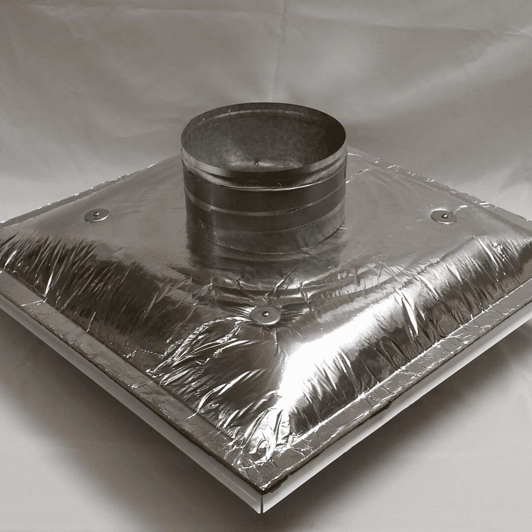 Universal Start Collar Back Pan, a square metallic duct with a round opening, features insulation wrapping and visible screws against a plain background.
