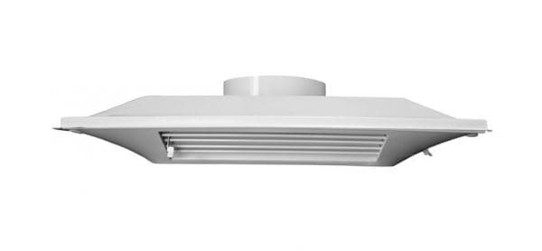 A rectangular Comfort First Filtered Diffuser with a central circular duct connection and horizontal slats, featuring a 4-way adjustable vent diverter.