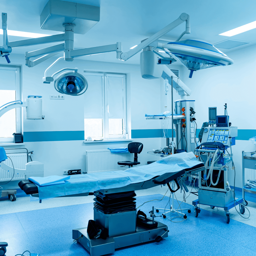 Modern hospital operating room with medical equipment.